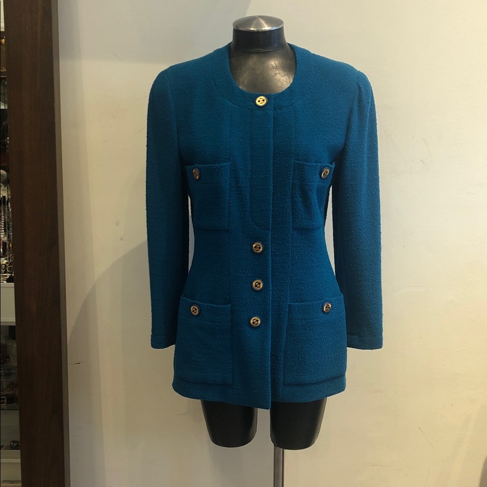 CHANEL Teal Women's Blazer with Button Accents